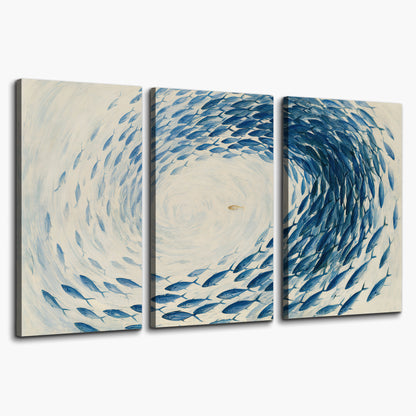 A circular school of blue fish flowing around a pale open center 3 piece canvas wall art on a white background