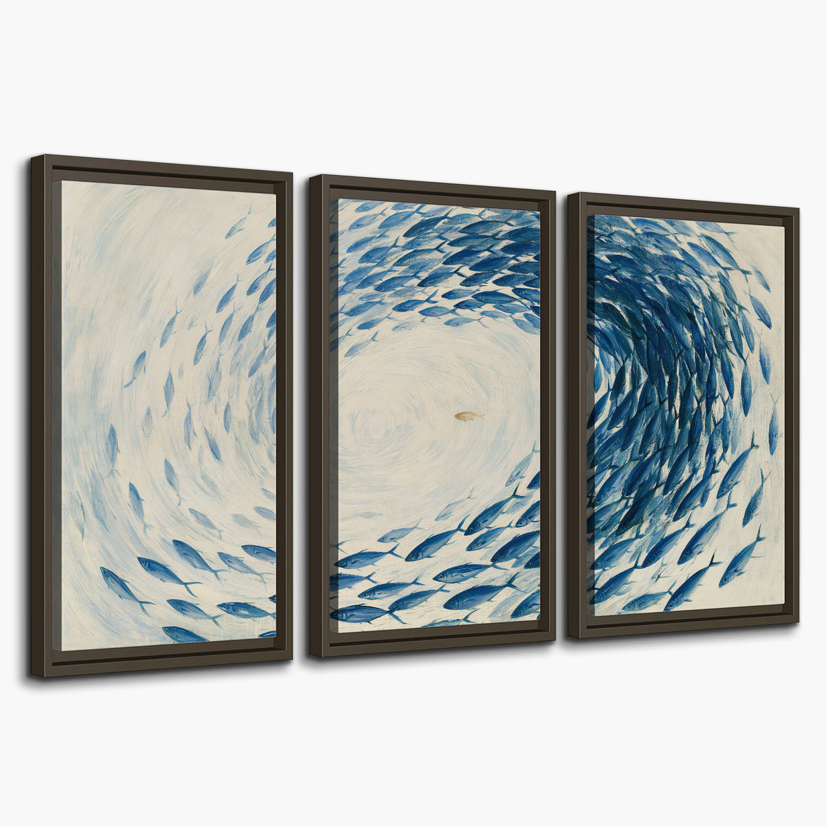 A circular school of blue fish flowing around a pale open center 3 piece framed canvas wall art on a white background