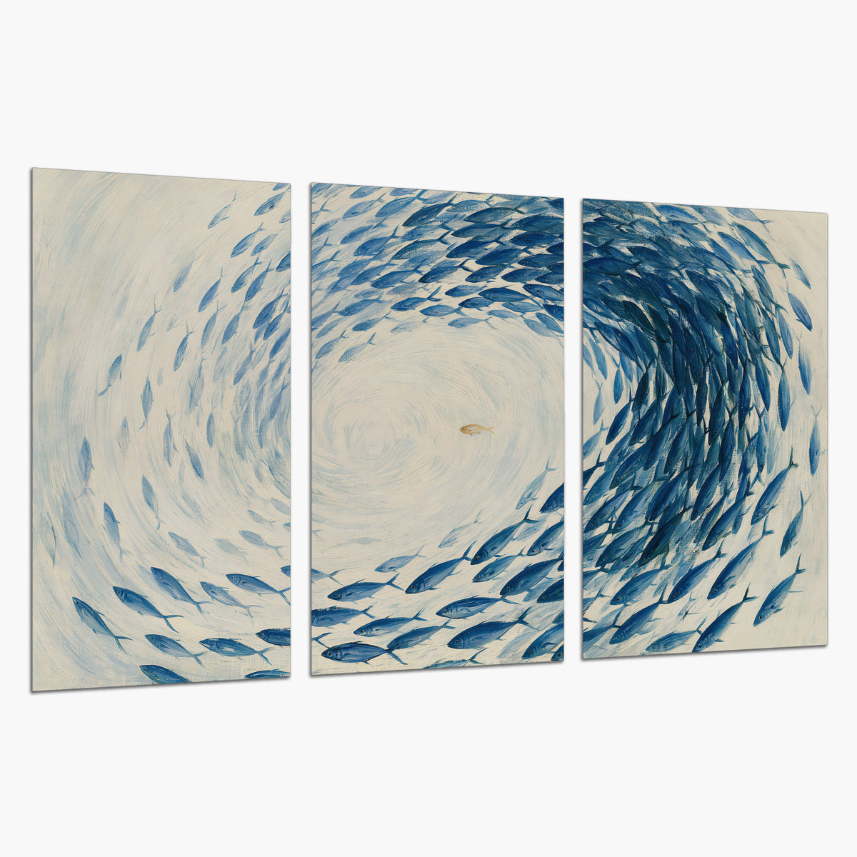 A circular school of blue fish flowing around a pale open center set of 3 poster prints on a white background