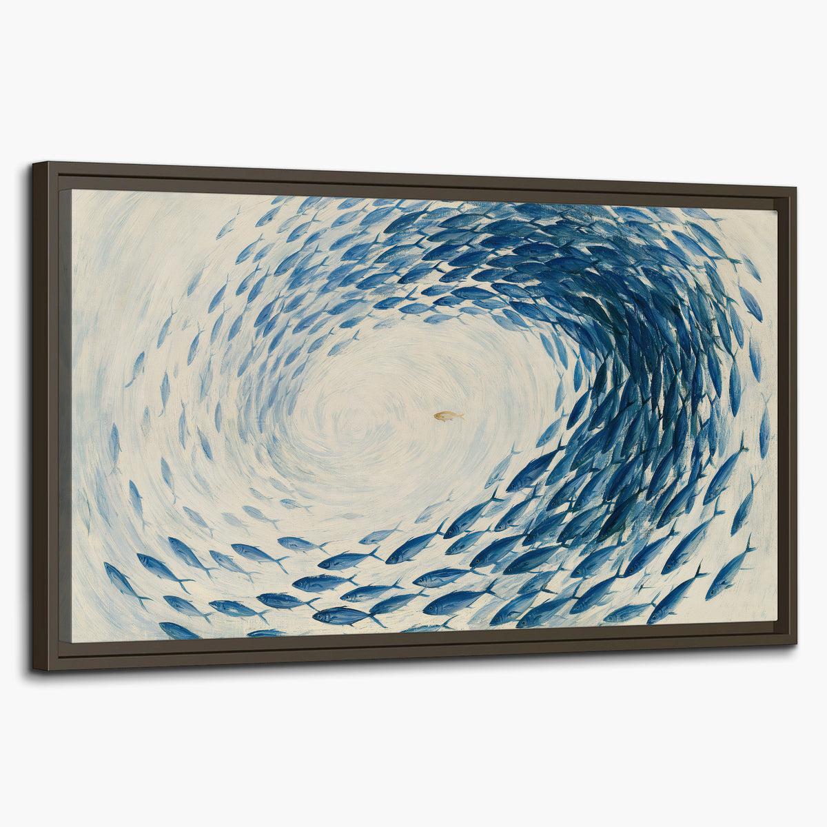 A circular school of blue fish flowing around a pale open center single framed canvas wall art on a white background