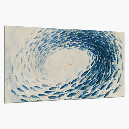 A circular school of blue fish flowing around a pale open center single poster print on a white background