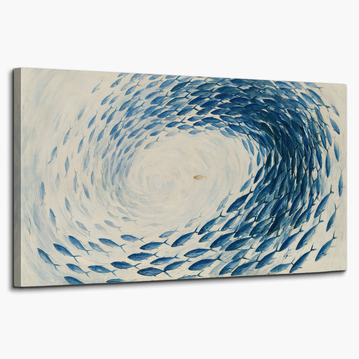 A circular school of blue fish flowing around a pale open center single canvas wall art on a white background
