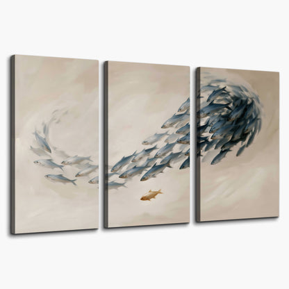 A sweeping school of small gray fish curving across a pale neutral background 3 piece canvas wall art on a white background