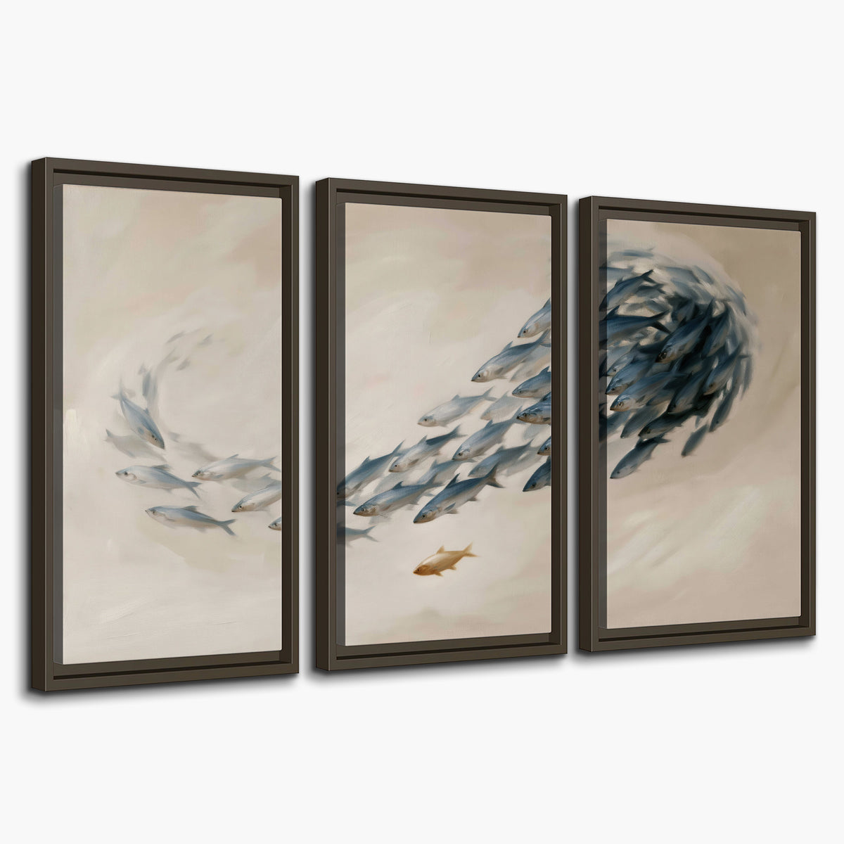 A sweeping school of small gray fish curving across a pale neutral background 3 piece framed canvas wall art on a white background