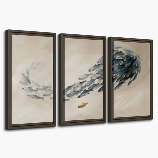 A sweeping school of small gray fish curving across a pale neutral background 3 piece framed canvas wall art on a white background