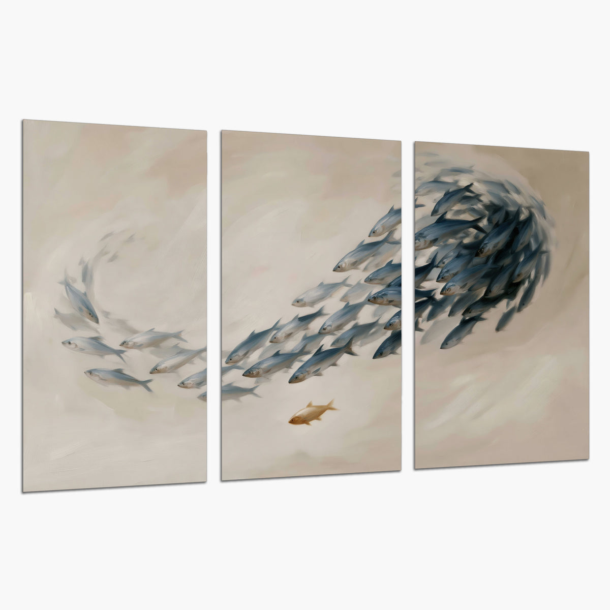 A sweeping school of small gray fish curving across a pale neutral background set of 3 poster prints on a white background