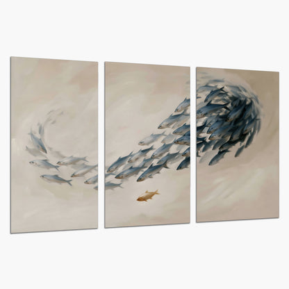 A sweeping school of small gray fish curving across a pale neutral background set of 3 poster prints on a white background
