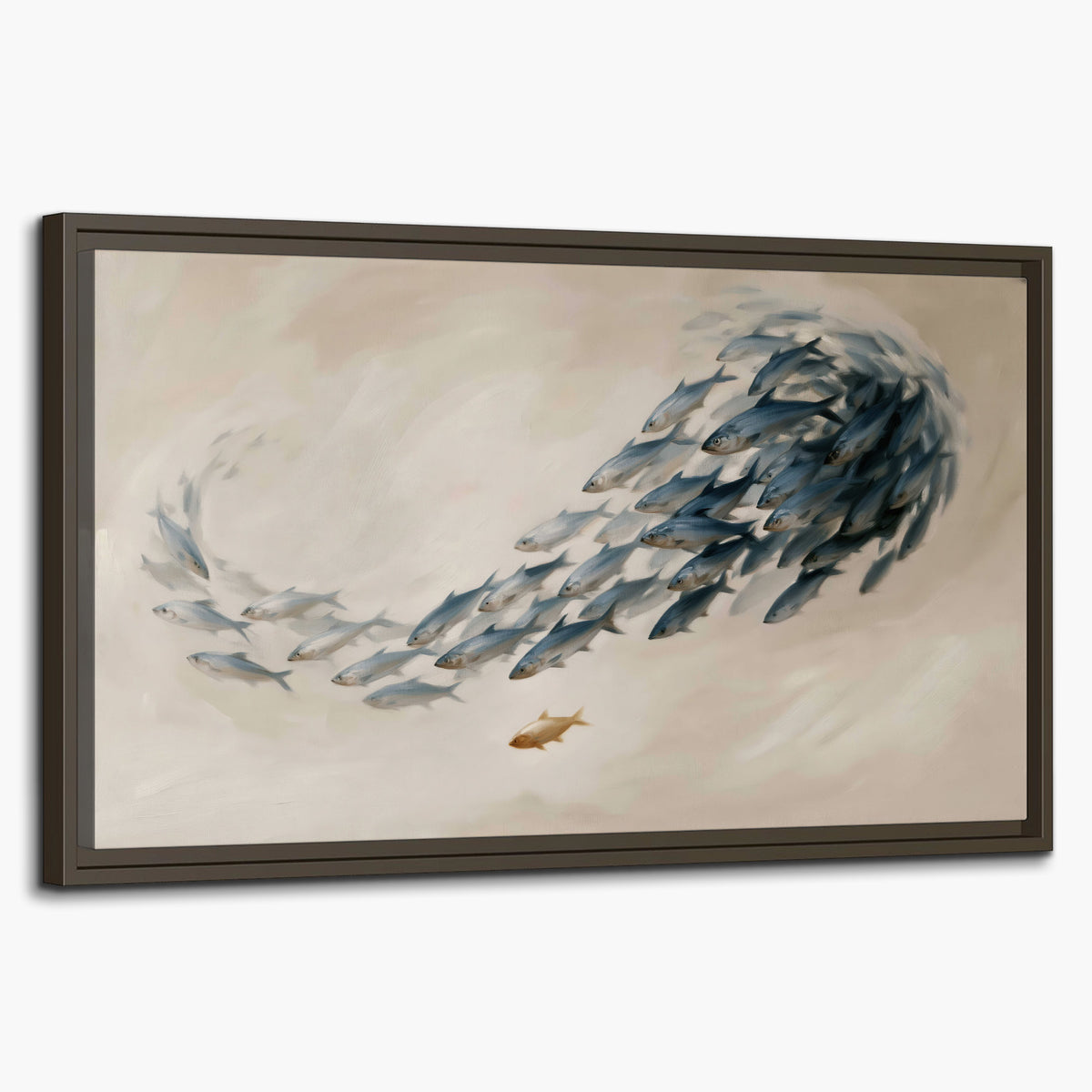 A sweeping school of small gray fish curving across a pale neutral background single framed canvas wall art on a white background