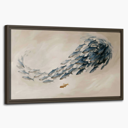 A sweeping school of small gray fish curving across a pale neutral background single framed canvas wall art on a white background