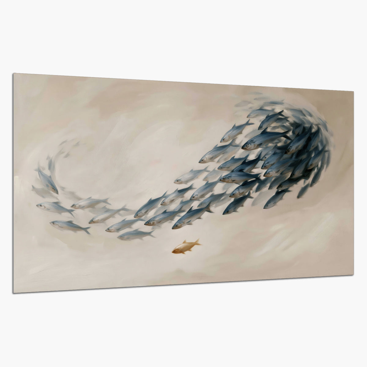 A sweeping school of small gray fish curving across a pale neutral background single poster print on a white background