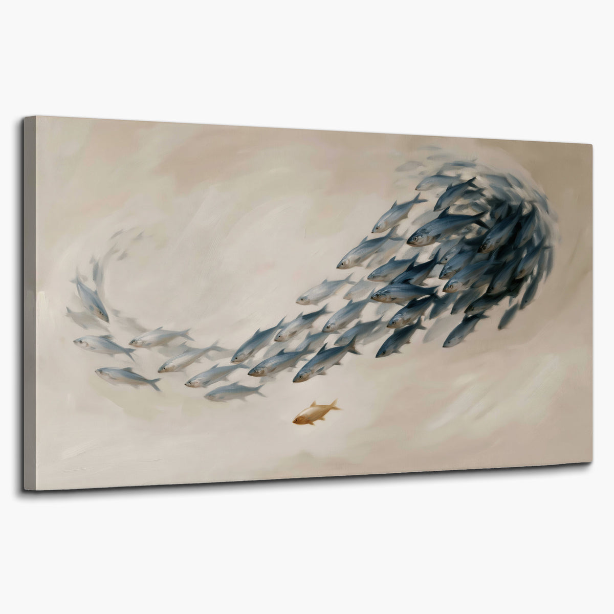 A sweeping school of small gray fish curving across a pale neutral background single canvas wall art on a white background