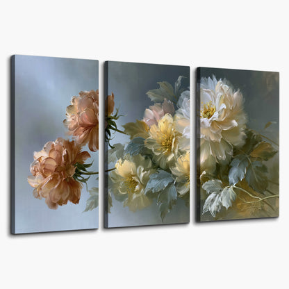 Cream, blush and rust-colored garden flowers gathered against a muted blue-gray background 3 piece canvas wall art on a white background