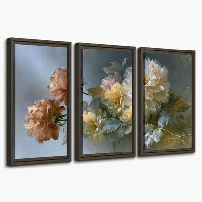Cream, blush and rust-colored garden flowers gathered against a muted blue-gray background 3 piece framed canvas wall art on a white background