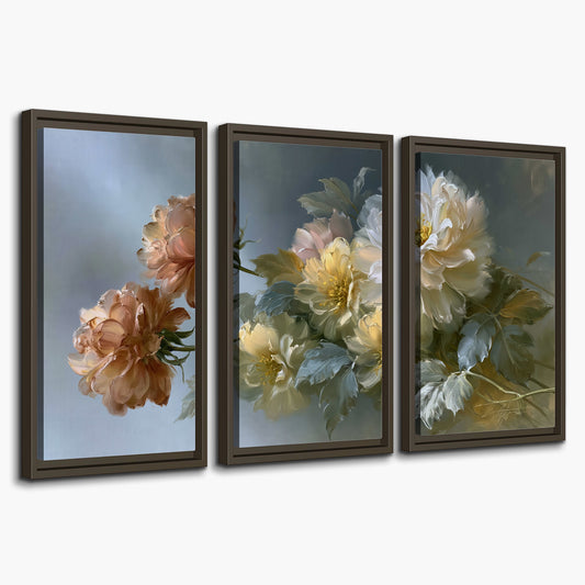 Cream, blush and rust-colored garden flowers gathered against a muted blue-gray background 3 piece framed canvas wall art on a white background