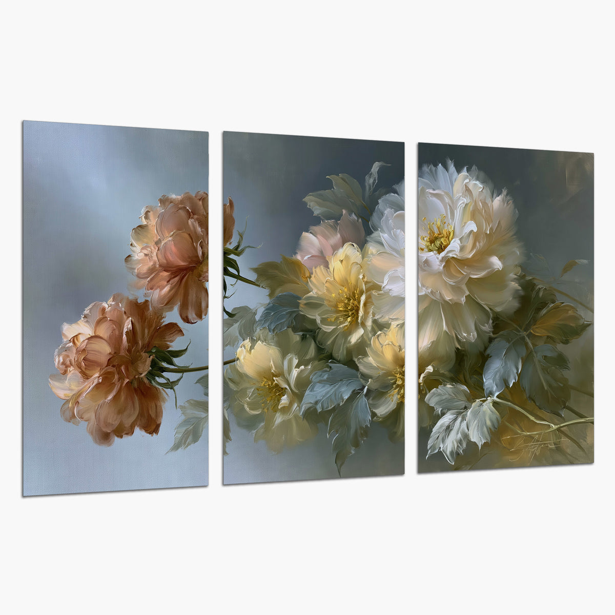 Cream, blush and rust-colored garden flowers gathered against a muted blue-gray background set of 3 poster prints on a white background