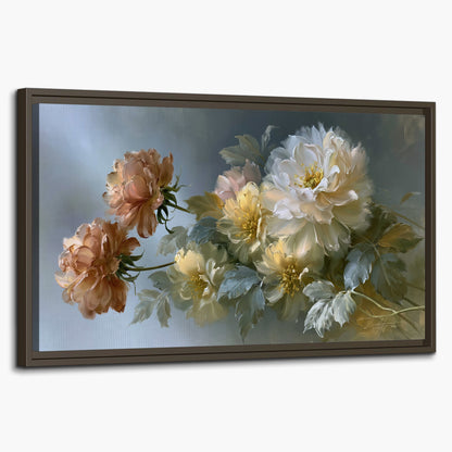 Cream, blush and rust-colored garden flowers gathered against a muted blue-gray background single framed canvas wall art on a white background