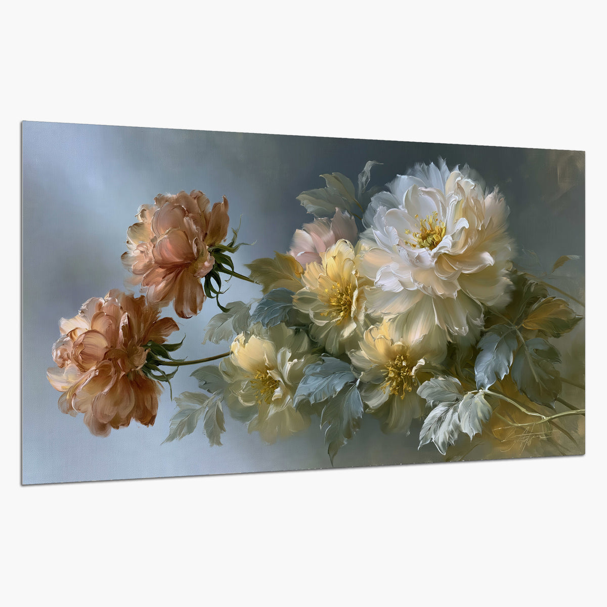 Cream, blush and rust-colored garden flowers gathered against a muted blue-gray background single poster print on a white background