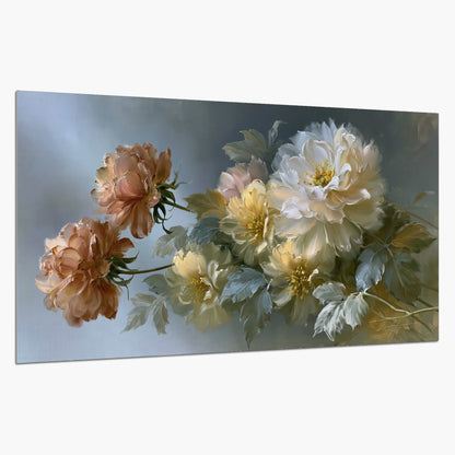 Cream, blush and rust-colored garden flowers gathered against a muted blue-gray background single poster print on a white background