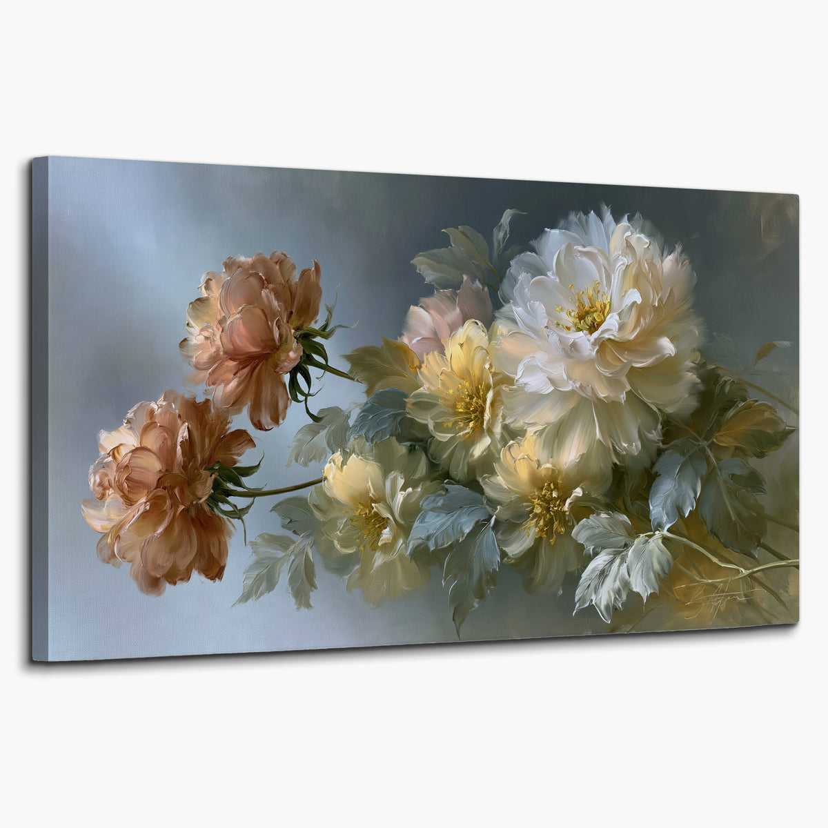 Cream, blush and rust-colored garden flowers gathered against a muted blue-gray background single canvas wall art on a white background