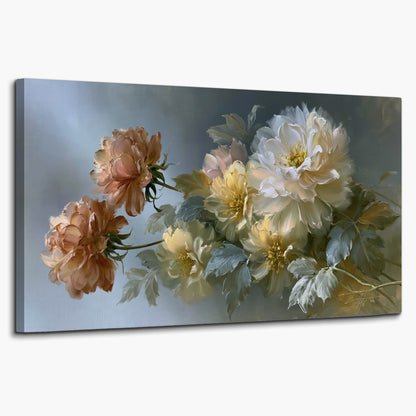 Cream, blush and rust-colored garden flowers gathered against a muted blue-gray background single canvas wall art on a white background