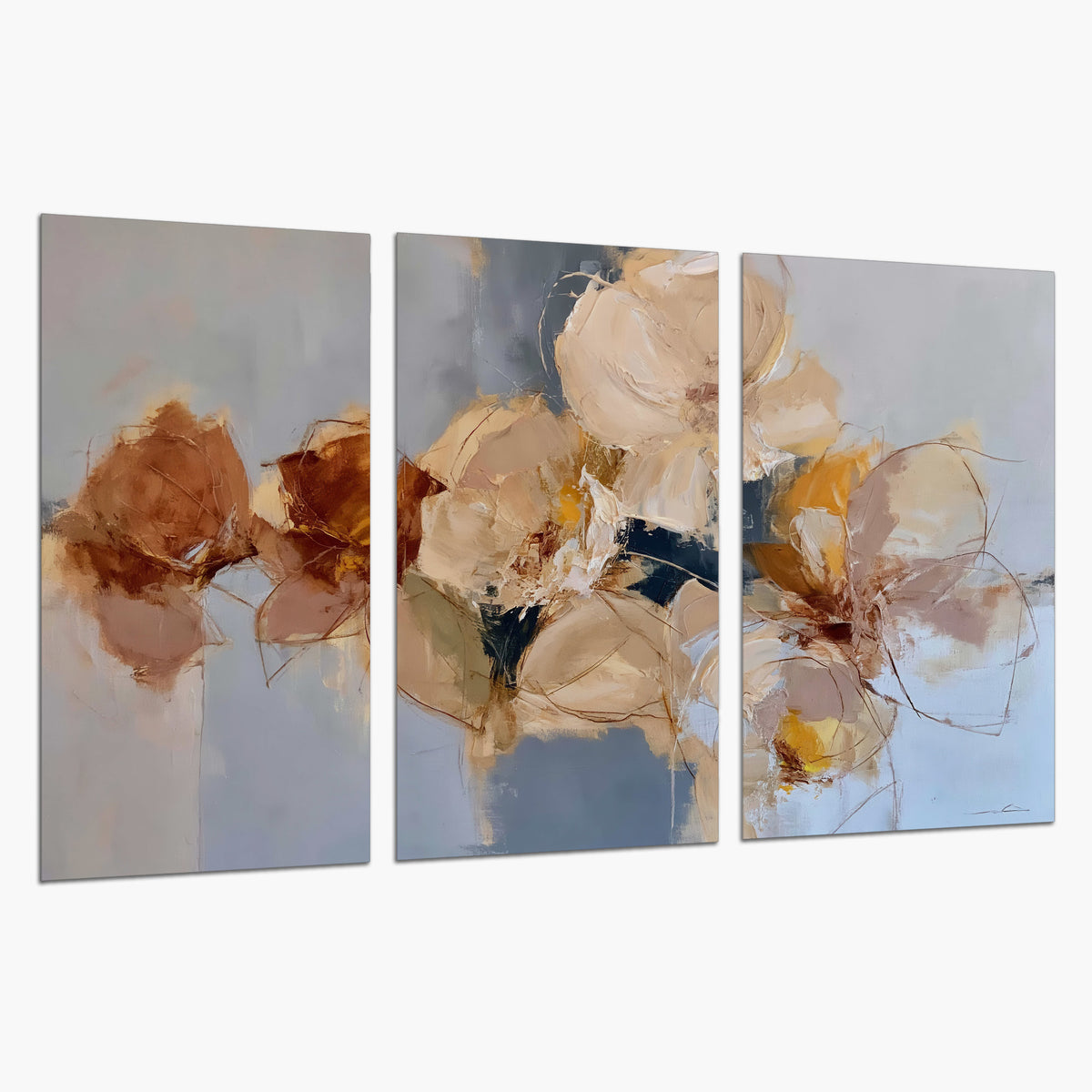 Loose ivory and ochre flower forms layered over a pale blue painterly background set of 3 poster prints on a white background
