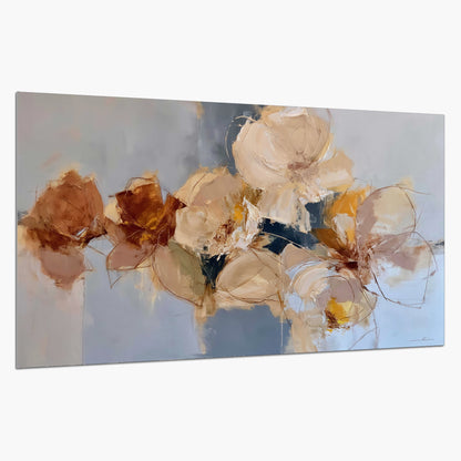 Loose ivory and ochre flower forms layered over a pale blue painterly background single poster print on a white background