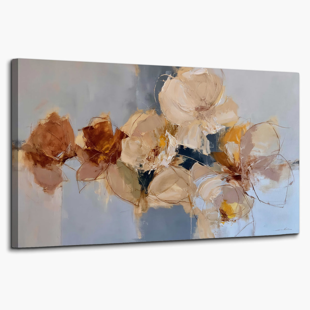 Loose ivory and ochre flower forms layered over a pale blue painterly background single canvas wall art on a white background