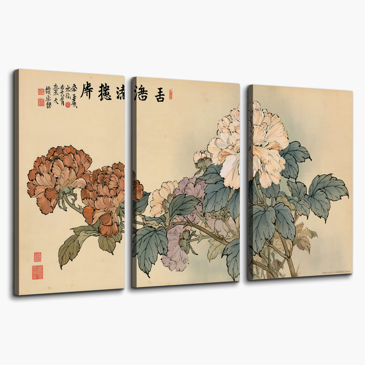 Pale pink peonies and green leaves on a warm beige background with decorative script 3 piece canvas wall art on a white background
