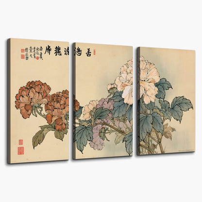 Pale pink peonies and green leaves on a warm beige background with decorative script 3 piece canvas wall art on a white background