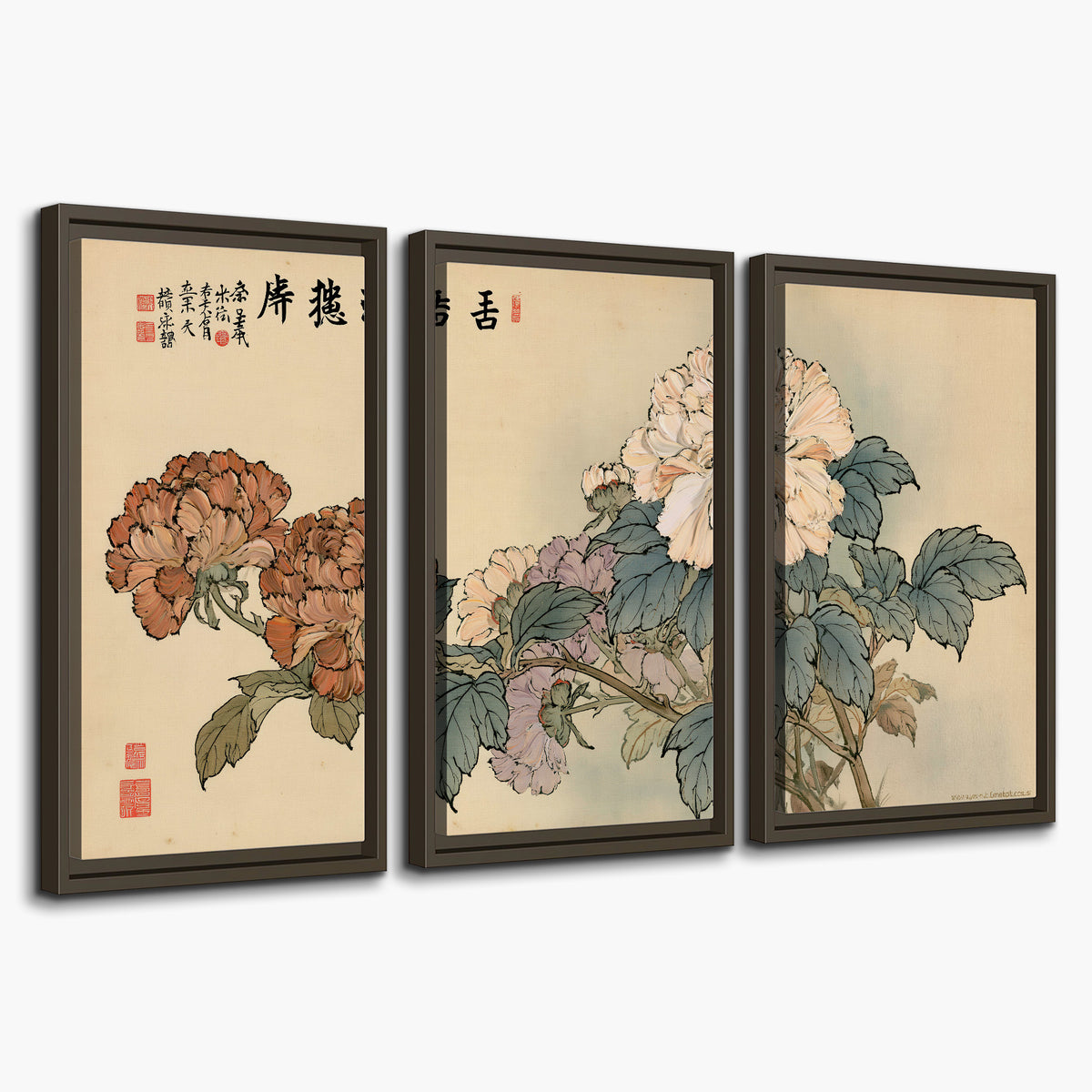 Pale pink peonies and green leaves on a warm beige background with decorative script 3 piece framed canvas wall art on a white background