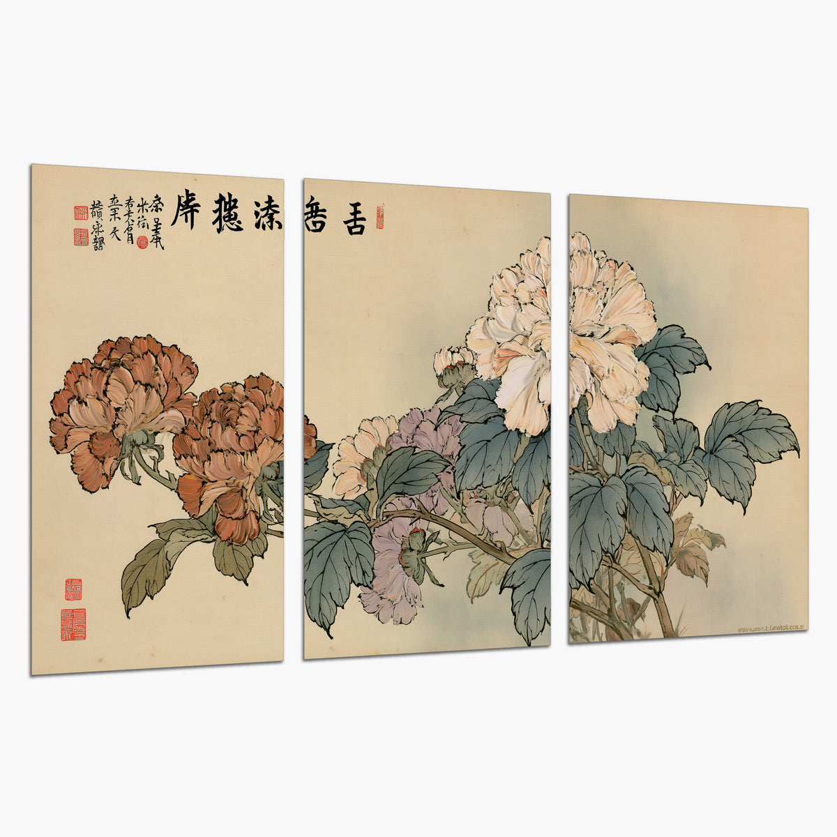 Pale pink peonies and green leaves on a warm beige background with decorative script set of 3 poster prints on a white background