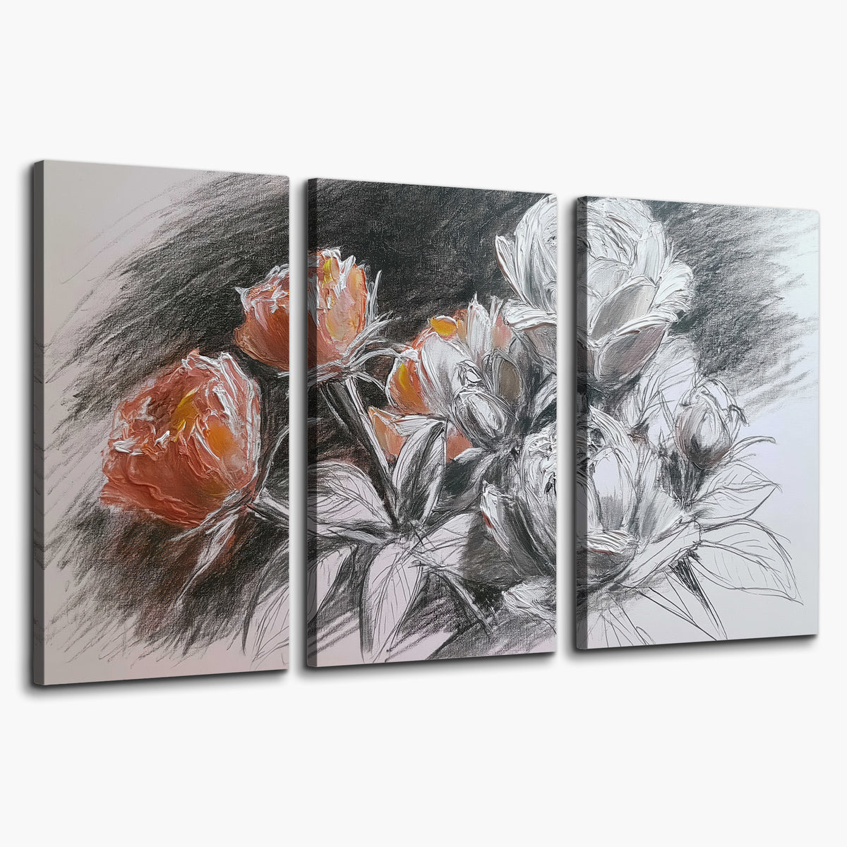 Expressive charcoal-style roses with muted rust petals against a textured-look gray background 3 piece canvas wall art on a white background