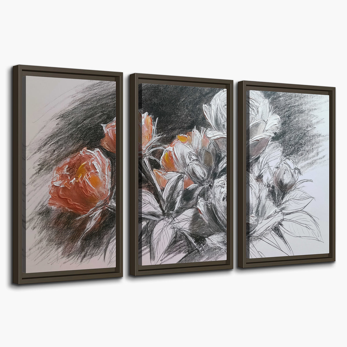 Expressive charcoal-style roses with muted rust petals against a textured-look gray background 3 piece framed canvas wall art on a white background