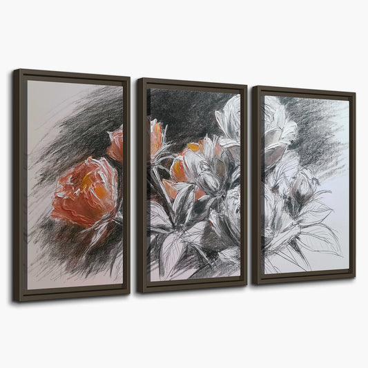 Expressive charcoal-style roses with muted rust petals against a textured-look gray background 3 piece framed canvas wall art on a white background