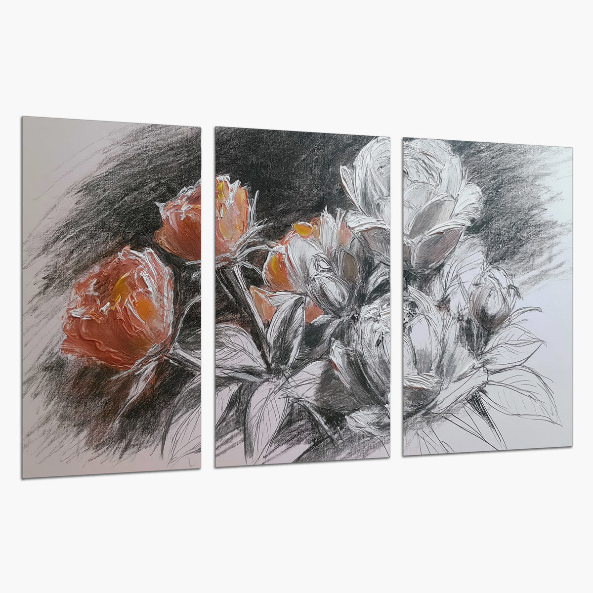Expressive charcoal-style roses with muted rust petals against a textured-look gray background set of 3 poster prints on a white background