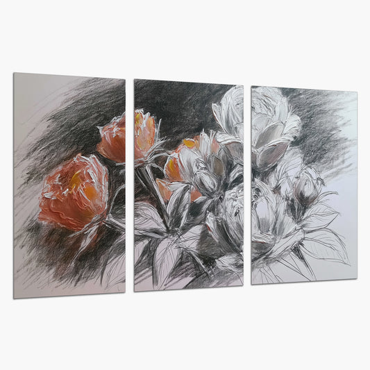 Expressive charcoal-style roses with muted rust petals against a textured-look gray background set of 3 poster prints on a white background