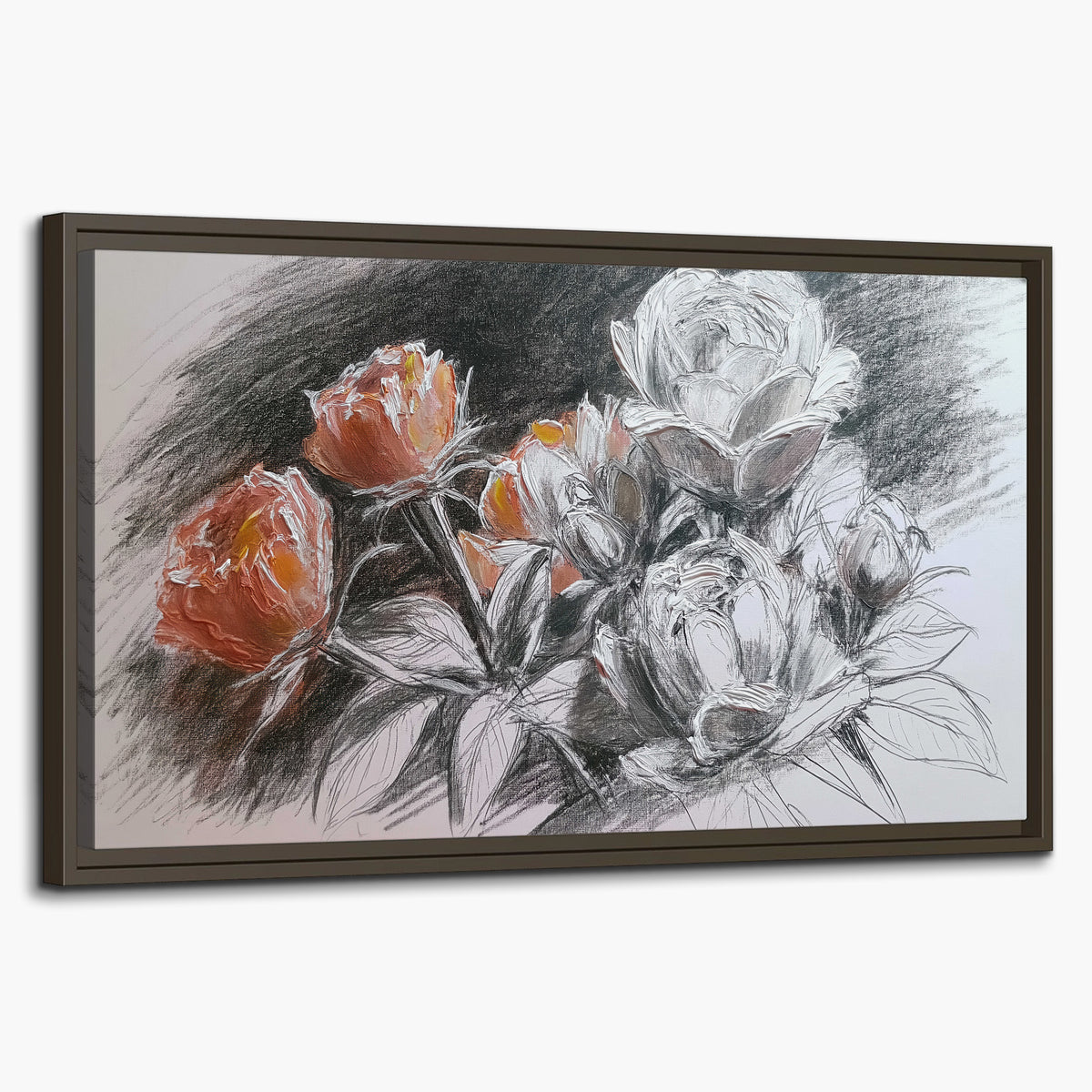 Expressive charcoal-style roses with muted rust petals against a textured-look gray background single framed canvas wall art on a white background