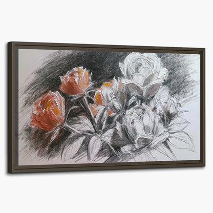 Expressive charcoal-style roses with muted rust petals against a textured-look gray background single framed canvas wall art on a white background