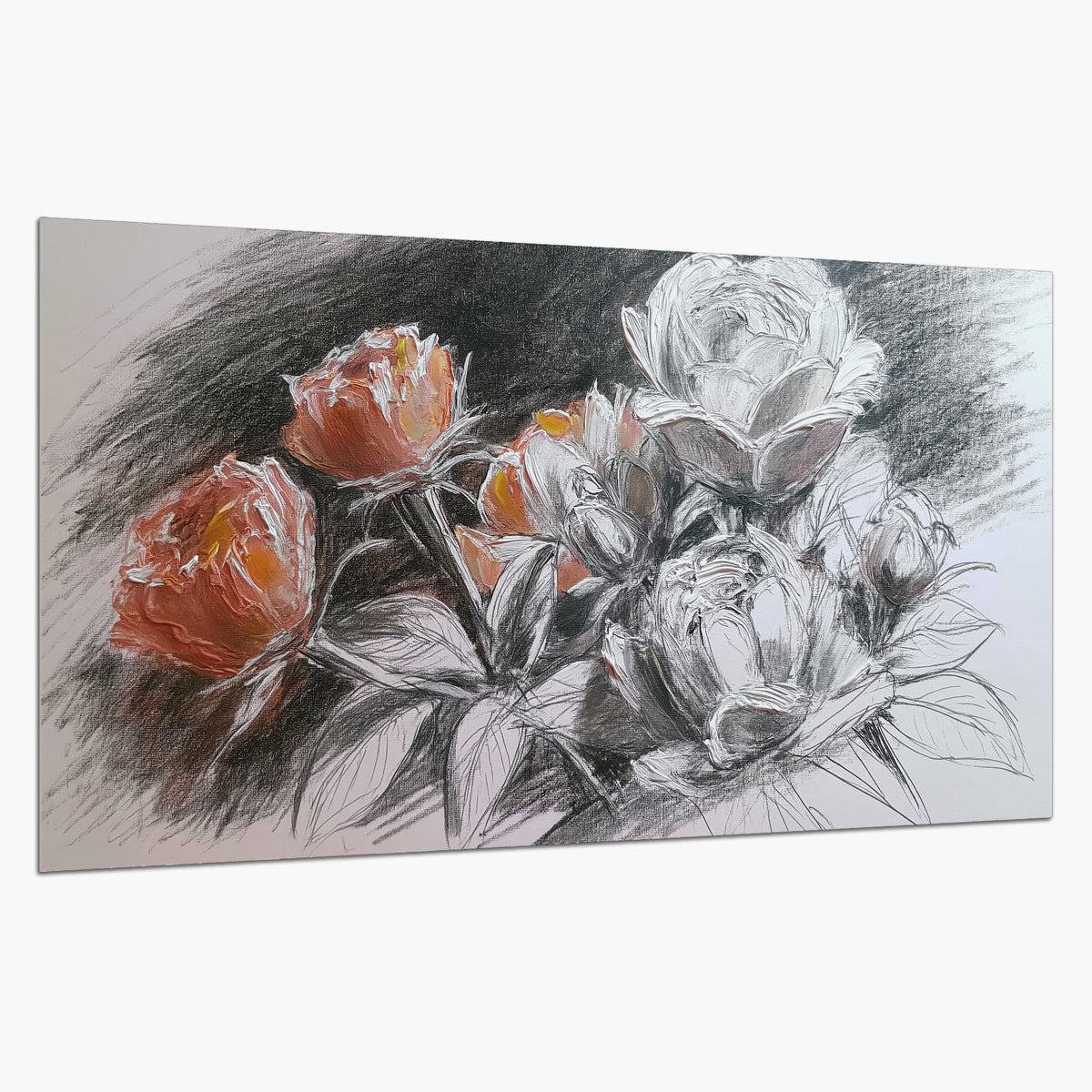 Expressive charcoal-style roses with muted rust petals against a textured-look gray background single poster print on a white background