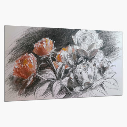 Expressive charcoal-style roses with muted rust petals against a textured-look gray background single poster print on a white background