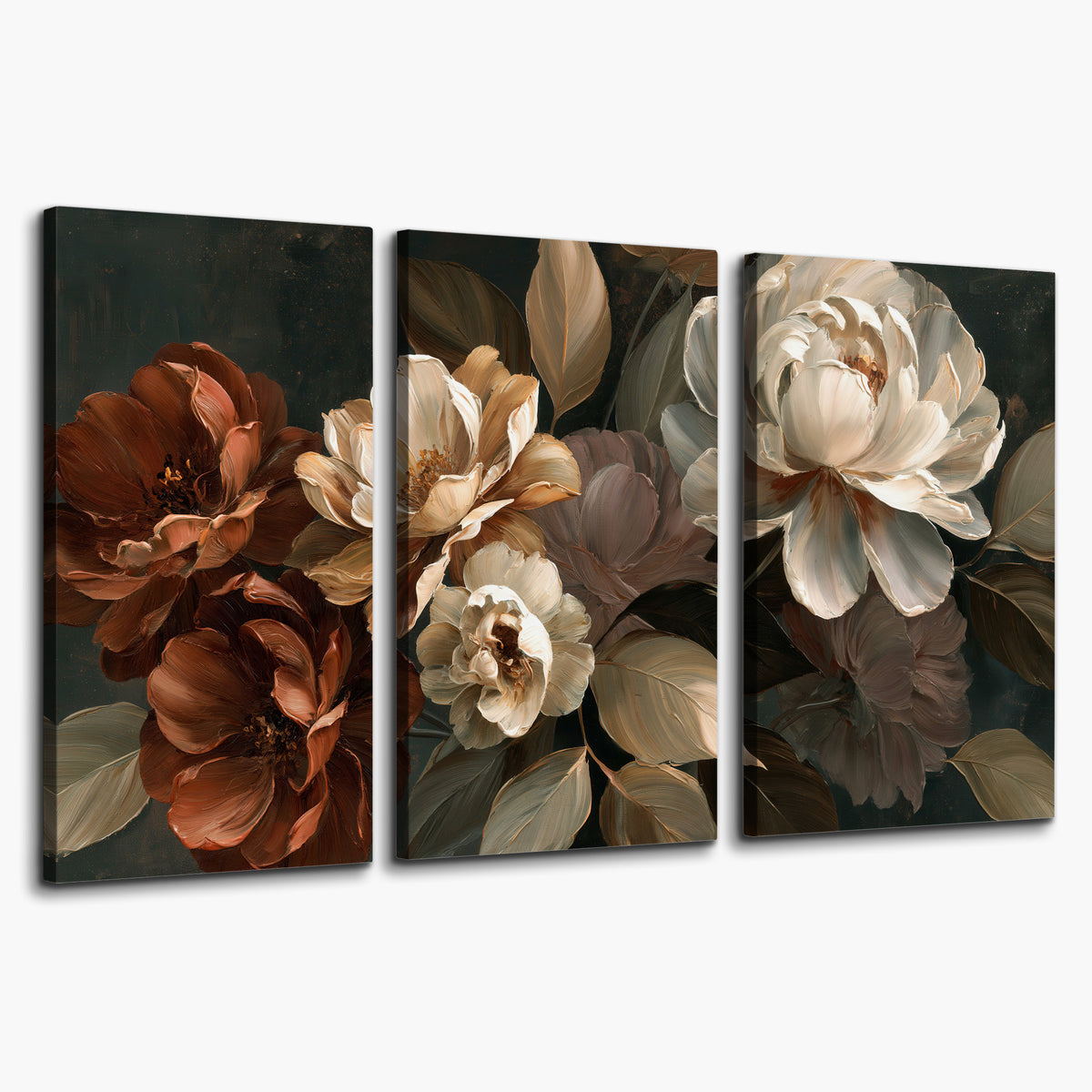 Large ivory roses and warm rust blooms against a deep shadowed background 3 piece canvas wall art on a white background