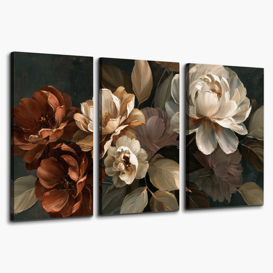 Large ivory roses and warm rust blooms against a deep shadowed background 3 piece canvas wall art on a white background