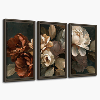Large ivory roses and warm rust blooms against a deep shadowed background 3 piece framed canvas wall art on a white background