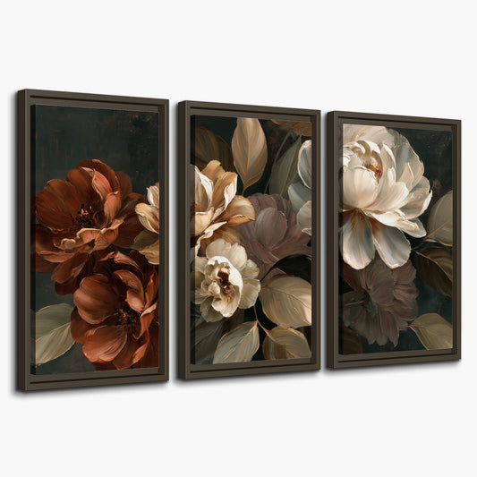 Large ivory roses and warm rust blooms against a deep shadowed background 3 piece framed canvas wall art on a white background
