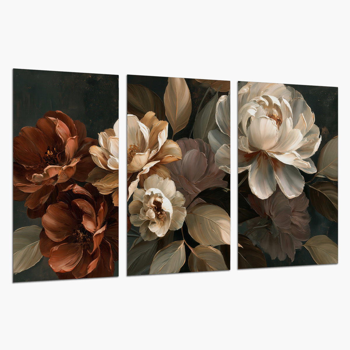 Large ivory roses and warm rust blooms against a deep shadowed background set of 3 poster prints on a white background