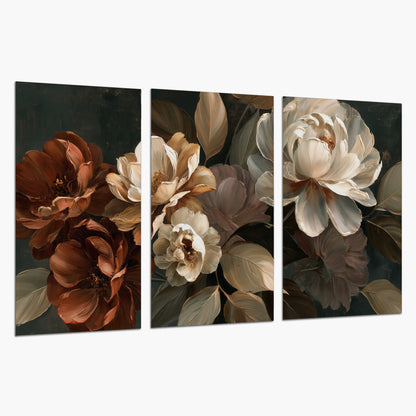Large ivory roses and warm rust blooms against a deep shadowed background set of 3 poster prints on a white background
