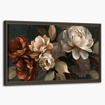 Large ivory roses and warm rust blooms against a deep shadowed background single framed canvas wall art on a white background