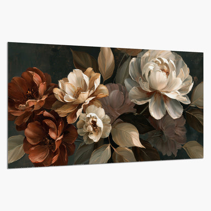 Large ivory roses and warm rust blooms against a deep shadowed background single poster print on a white background