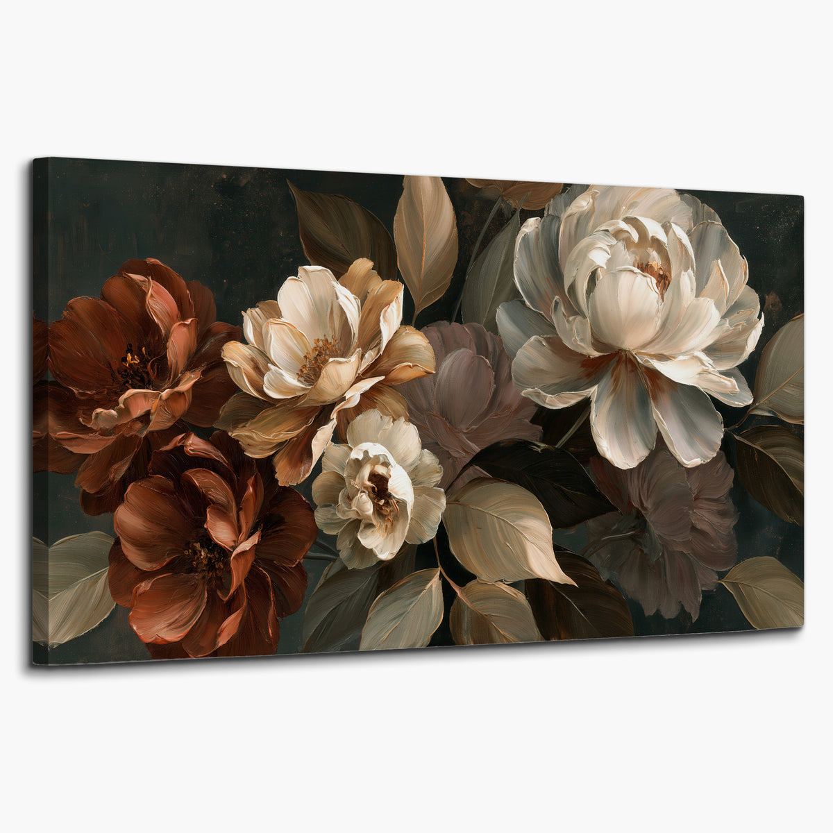 Large ivory roses and warm rust blooms against a deep shadowed background single canvas wall art on a white background