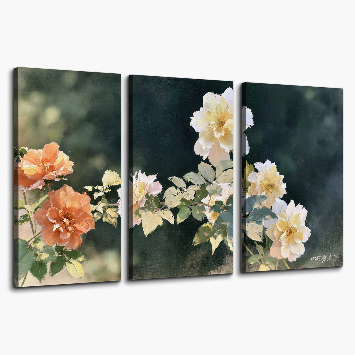 White and peach roses with green leaves against a deep blue-green background 3 piece canvas wall art on a white background